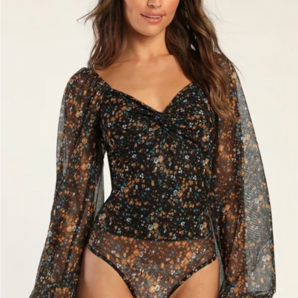 Lulu's Black Floral Twist-Front Sheer Long-Sleeve Bodysuit